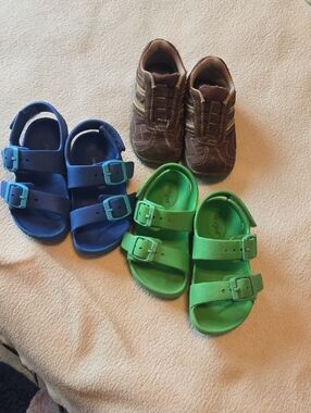 Green And Blue Sandals & Brown slip-on Tennies